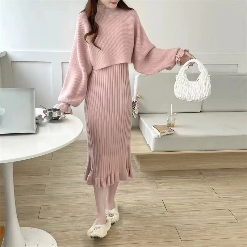 Damen Strickkleid mit hochgeschlossenem Kragen und Rippstruktur Amawinc