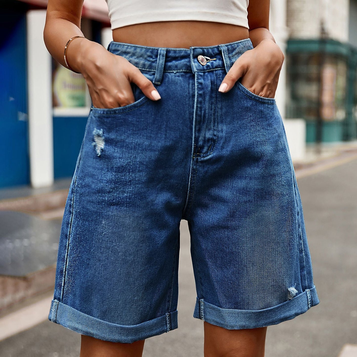 Damen entspannte Denim-Shorts mit umgeschlagenem Saum Amawinc