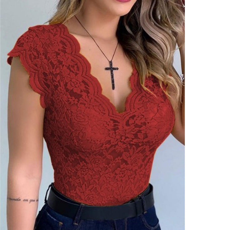 Damen Spitzenbodysuit mit tiefem V-Ausschnitt und Rüschenärmeln Amawinc