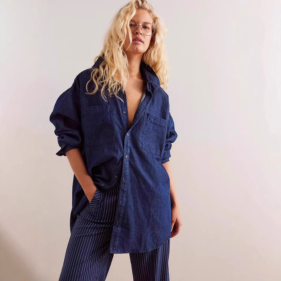 Damen Oversized Jeanshemd mit aufgesetzten Taschen Amawinc