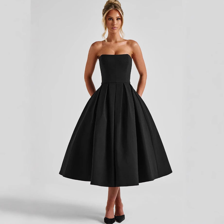 Damen Elegantes Midi-Kleid mit schwingendem Rock und raffiniertem Bandeau-Ausschnitt Amawinc
