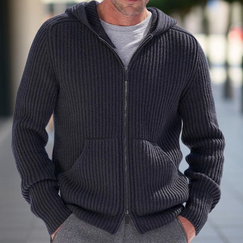 Cardigan Tricot À Capuche Pour Homme En Maille Côtelée Coupe Décontractée Polyvalent Pour Travail Et Week End
