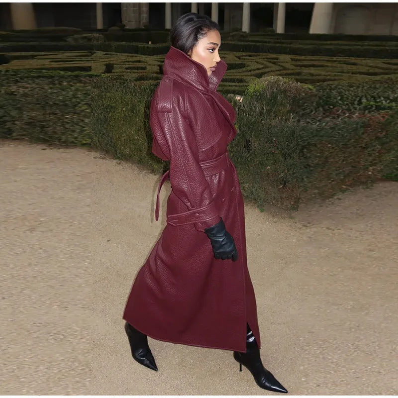 Damen Oversized Kunstleder-Trenchcoat mit hohem Kragen und abnehmbaren Gürtel Amawinc