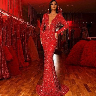 Elegantes langes V-Ausschnitt-Kleid mit langen Ärmeln von Fudus