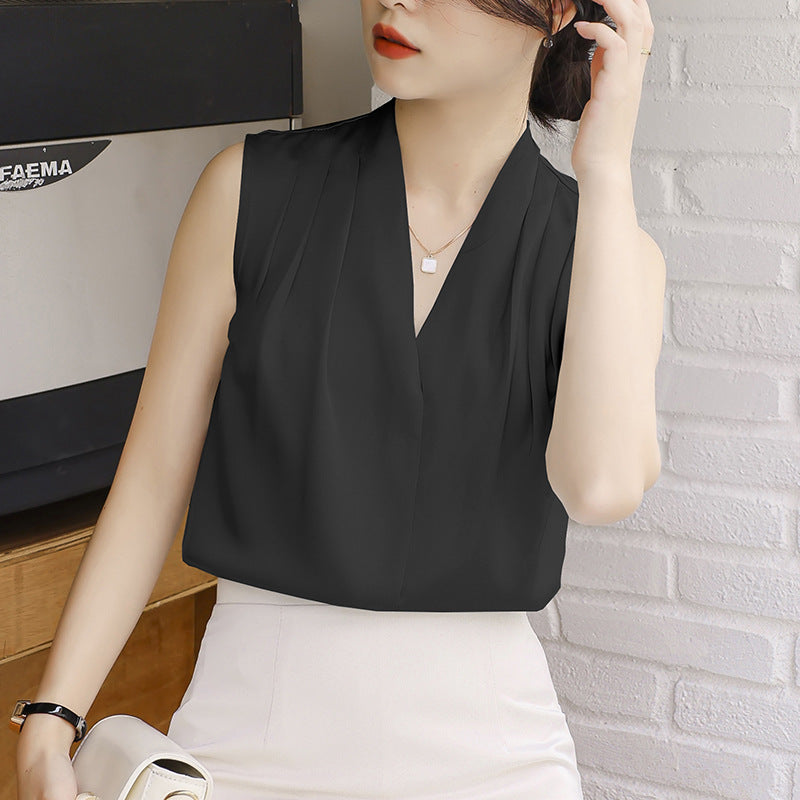 Blouse Plissée À Encolure En V Sans Manches Effet Drapé Satin Polyester Élégante