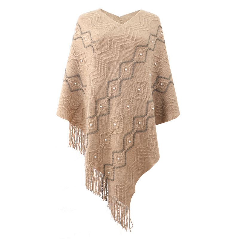 Damen eleganter Poncho mit auffälligem Strukturmuster und dekorativen Fransen Amawinc