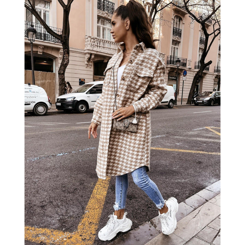 Damen Hahnentritt-Muster Oversized Hemdjacke Amawinc