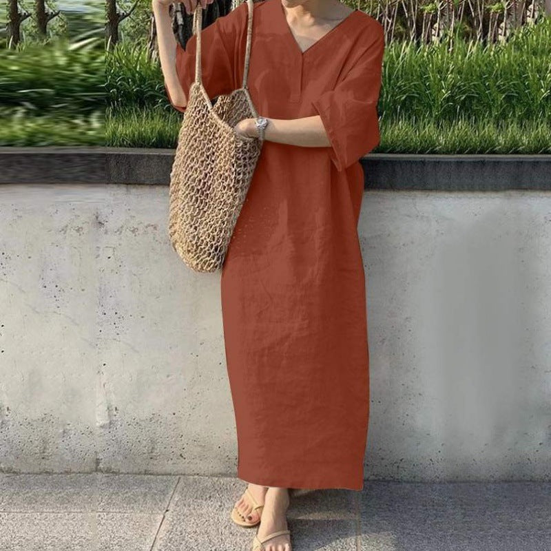 Baumwoll-Leinen Kleid von Fudus mit V-Ausschnitt