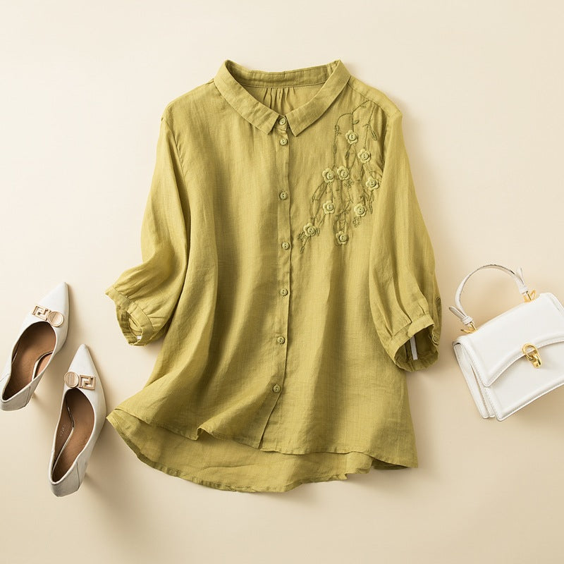 Chemise Femme En Fibres Naturelles Coupe Décontractée Avec Broderie Sur La Poitrine Manches Mi Longues