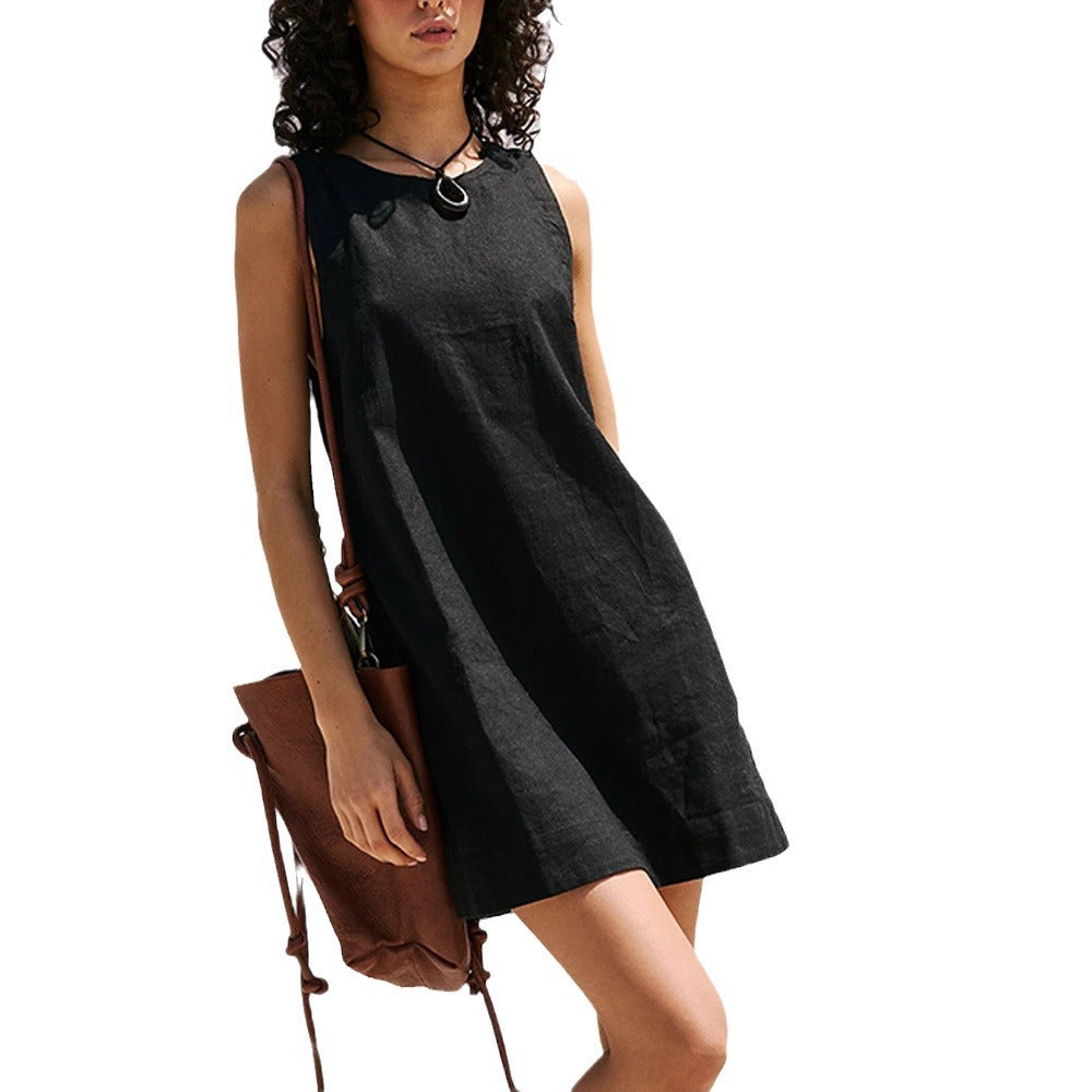 Robe Mini Sans Manches Ample Dos Nu Profond Lin Mélangé Léger Pour Été Confortable Et Respirante