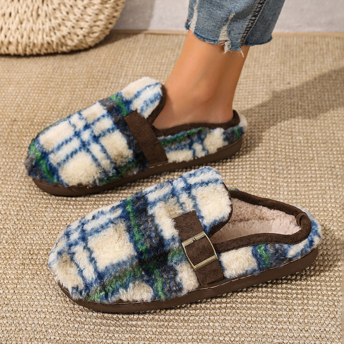 Damen Warme Hausschuhe mit Karomuster und bequemer Sohle Amawinc
