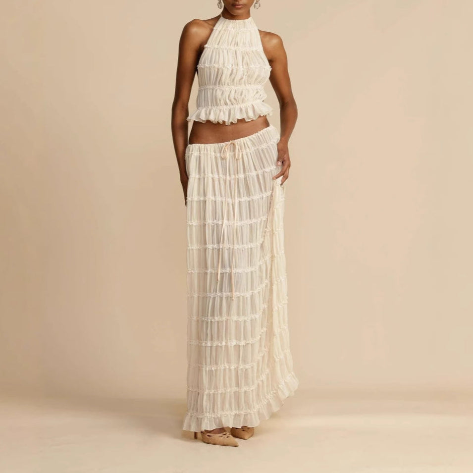 Ensemble Deux Pièces Pour Femme Avec Haut Halter Froncé Et Jupe Maxi À Taille Élastique Pour Été Chic