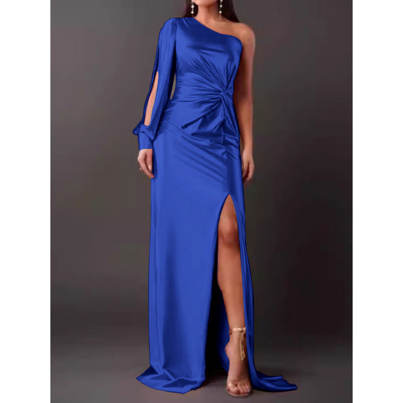 Robe À Une Épaule Pour Femme Maxi En Satin Élégante Coupe Slim Avec Fente Haute Pour Soirée