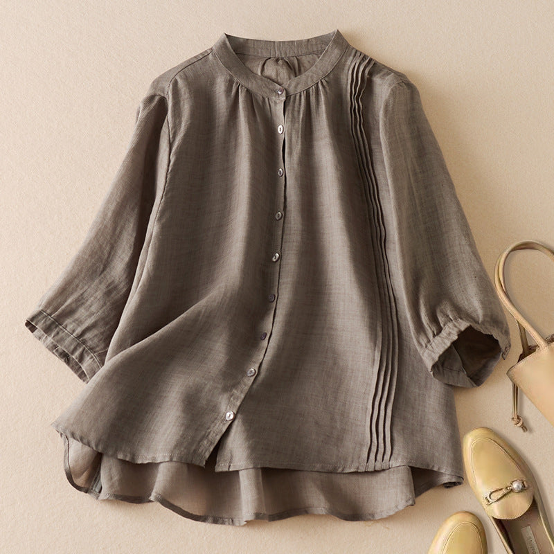 Chemise Femme Coupe Décontractée Fibres Naturelles Col Montant Détail Plissé Pour Toutes Occasions
