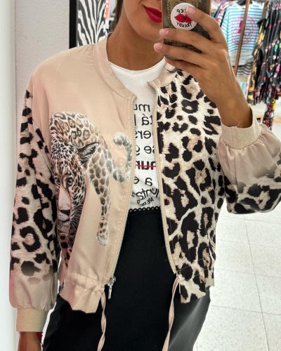Damen entspannte Bomberjacke mit extravagantem Leoparden-Motiv Amawinc