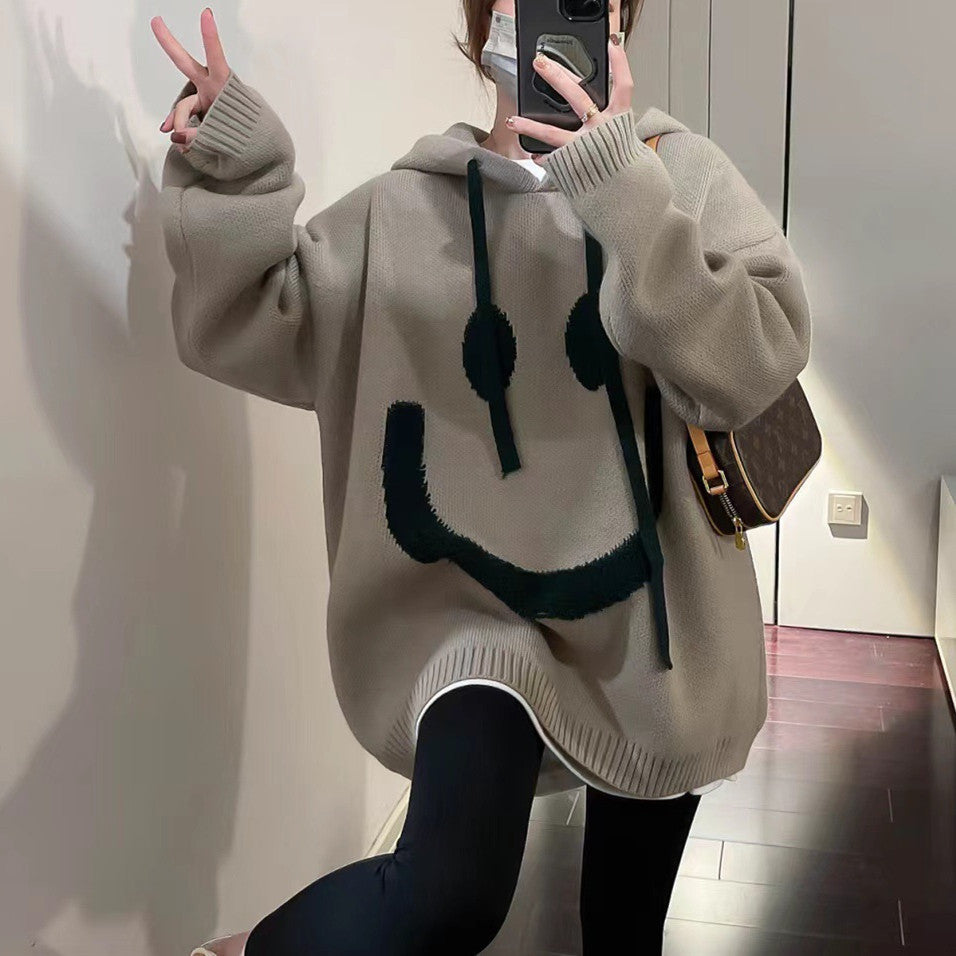 Damen Lässiger Oversized-Pullover mit Smiley-Motiv Amawinc