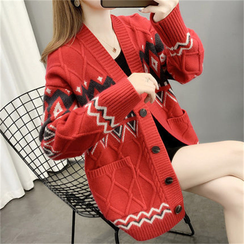 Damen Strickjacke mit modernem Zopf- und geometrischem Muster Amawinc