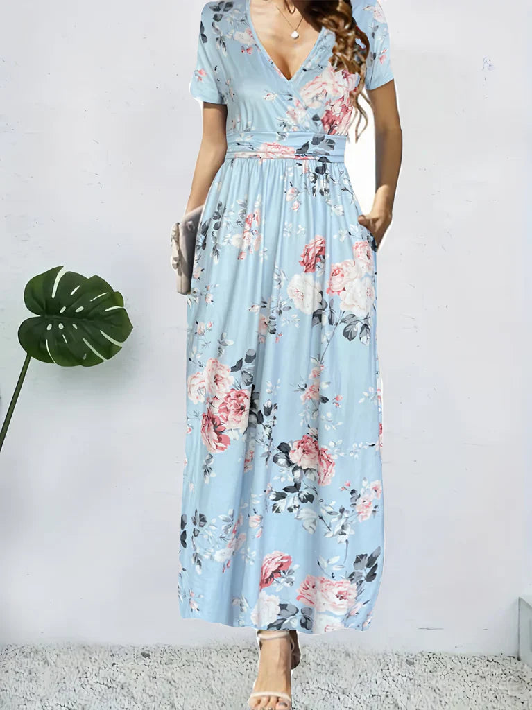 Robe Maxi Femme À Nouer Devant Coupe A Ligne Imprimé Floral Manches Courtes Amawinc