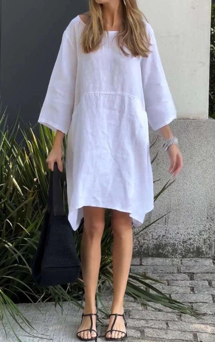 Damen lässiges Leinenkleid mit praktischen Taschen und asymmetrischem Saum Amawinc