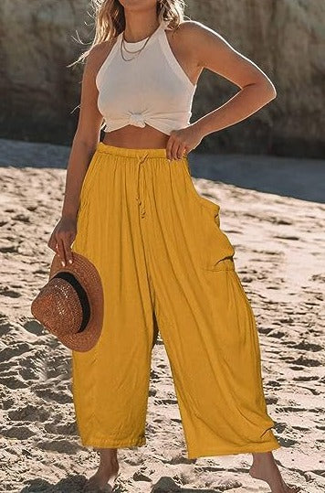 Baumwoll-Leinen Hose Louinda mit weitem Bein, elastischem Bund und Taschen