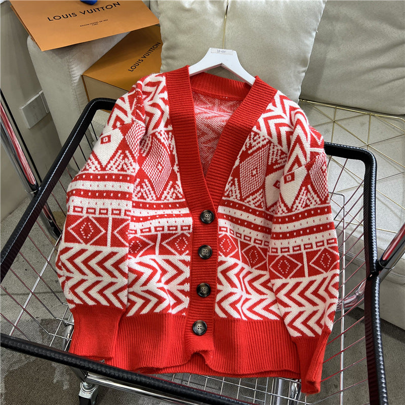 Damen Übergroße Strickjacke mit geometrischem Muster Amawinc