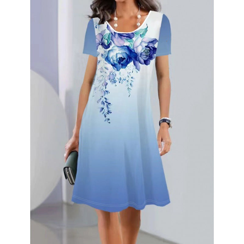 Fudus leichtes Frühlings-Sommer-Midi-Kleid mit Kurzarm und Druck