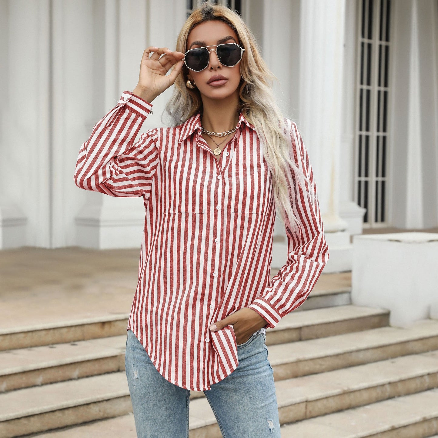 Damen Gestreiftes Langarmhemd im lässigen Chic Amawinc