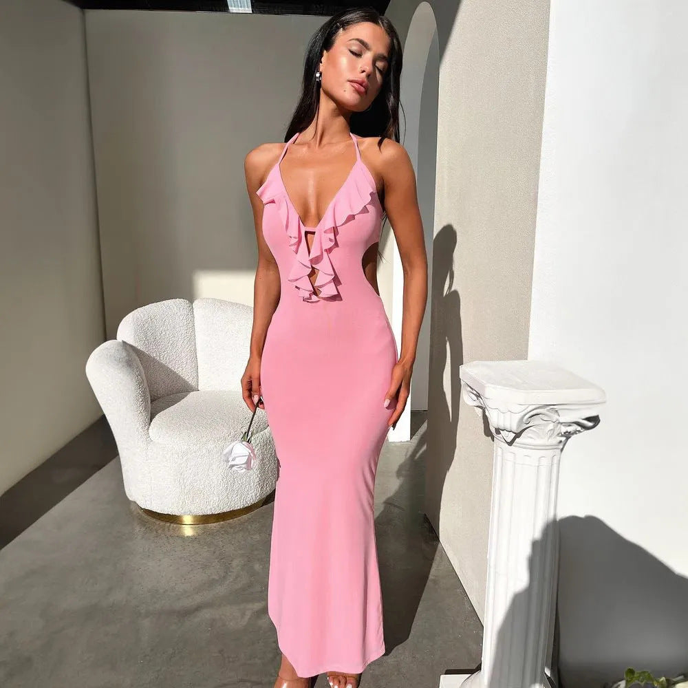 Robe Maxi Femme Encolure Froncée Bretelles Réglables Avec Fente Avant Coupe Slim Fit