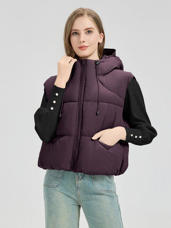 Damen gesteppte Weste mit abnehmbarer Kapuze und seitlichen Eingrifftaschen Amawinc