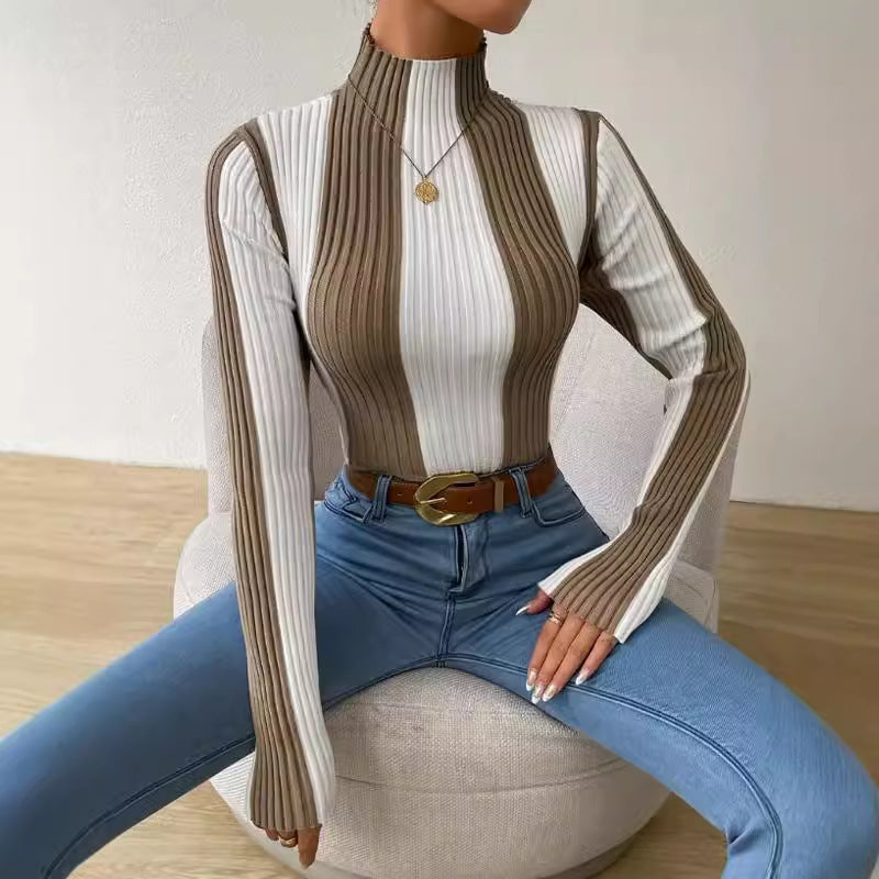 Pull Femme Amawinc en Maille Côtelée Col Montant Coupe Slim en Coton Texture Raffinée Manches Longues
