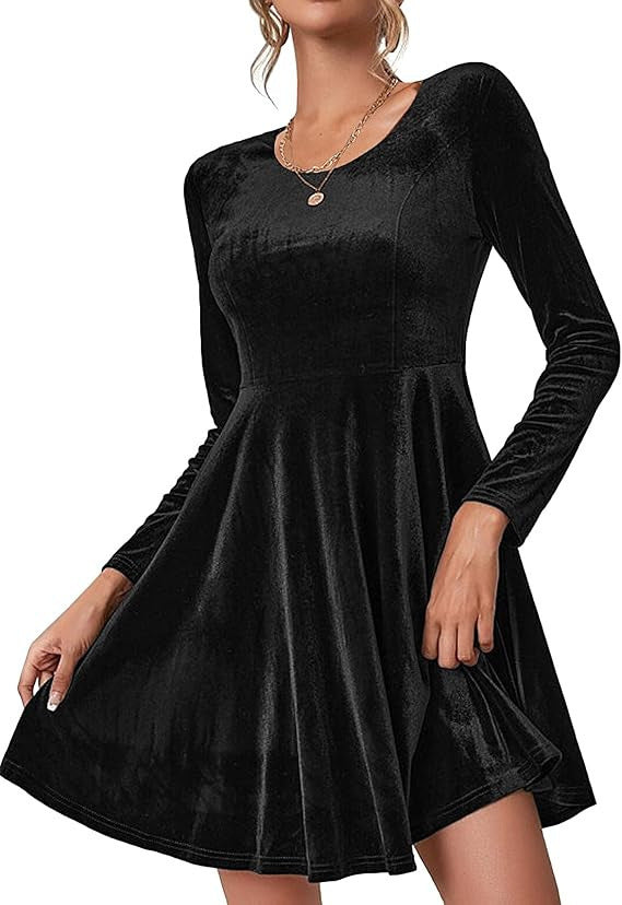 Damen Elegantes Samtkleid mit geschwungenem Saum und langen Ärmeln Amawinc