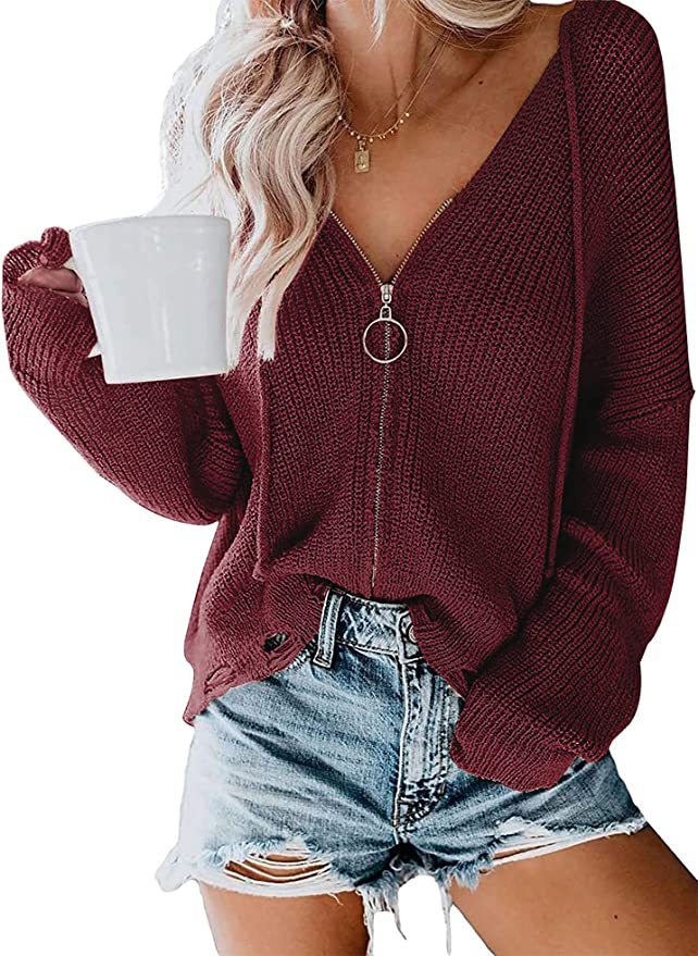 Damen Lässiger Pullover mit modernem Reißverschluss und weitem Schnitt Amawinc