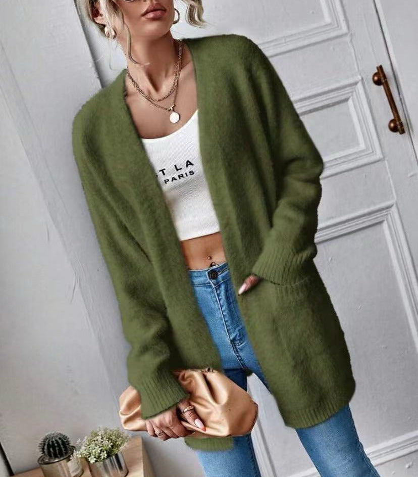 Damen Flauschiger Offener Cardigan aus weichem Material Amawinc