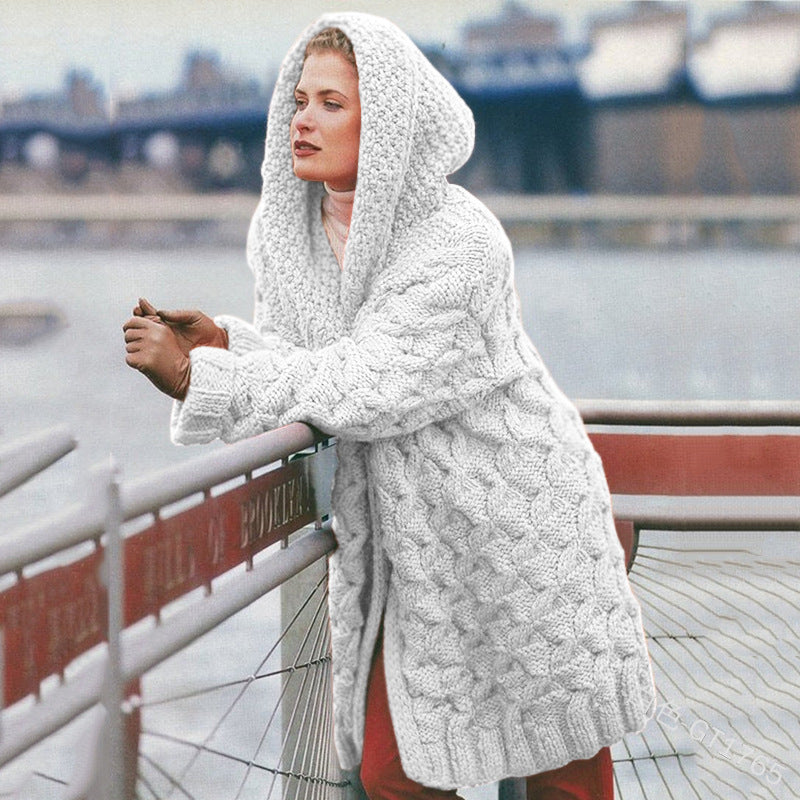 Damen oversized Grobstrickmantel mit Kapuze Amawinc