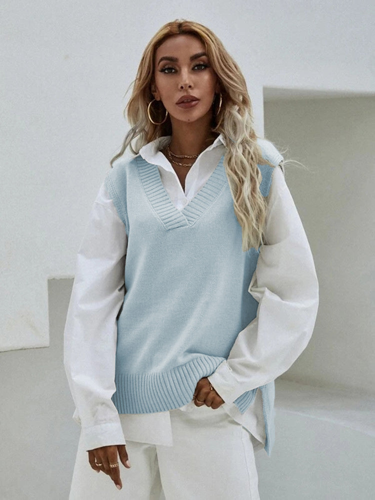 Damen Strickweste mit V-Ausschnitt und eleganter Rippenstruktur Amawinc