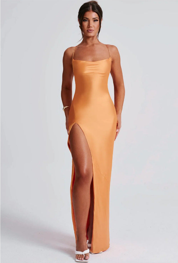 Damen Elegantes Maxikleid mit schmalen Spaghettiträgern und seitlichem Schlitz Amawinc