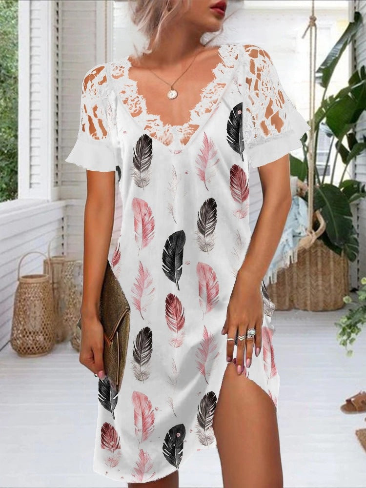 Fudus | Gedrucktes V-Ausschnitt Kleid mit elegantem Spitzenbesatz