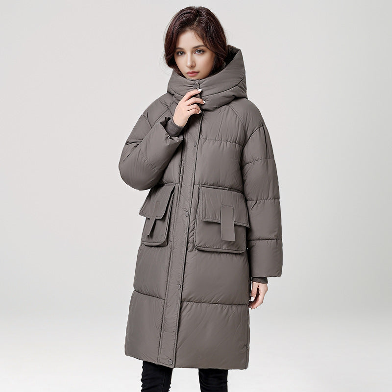 Damen gesteppter Langmantel mit wärmender Kapuze und praktischen Taschen Amawinc