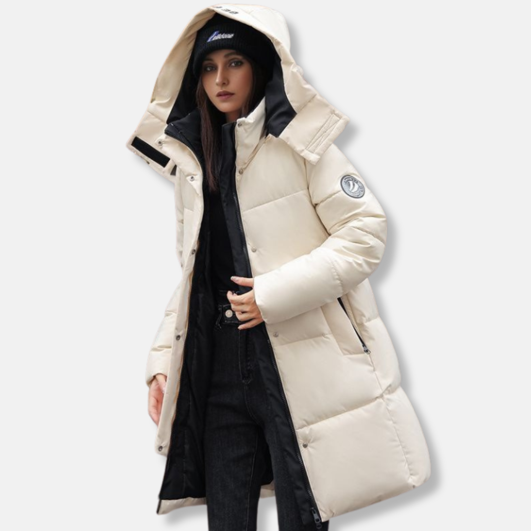 Doudoune Femme Longue Mi Cuisse Avec Capuche Intégrée et Col Haut Pour Hiver Amawinc