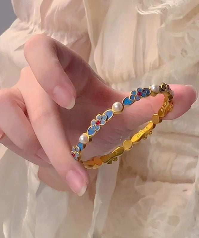 Bracelet original en perles d'or bleu antique et floral - Amawinc