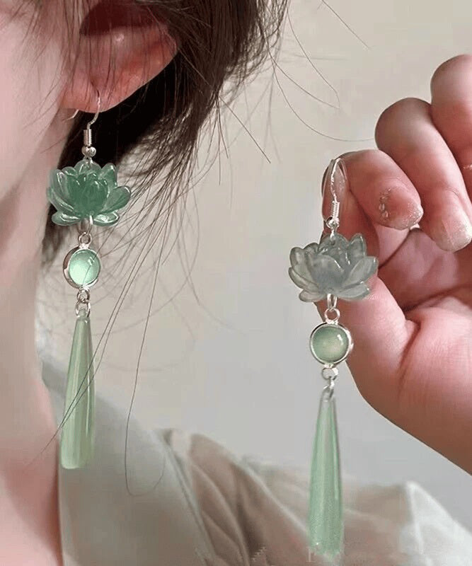 Boucles d'oreilles pendantes en argent sterling vert clair avec pierre œil de chat au design original - Amawinc
