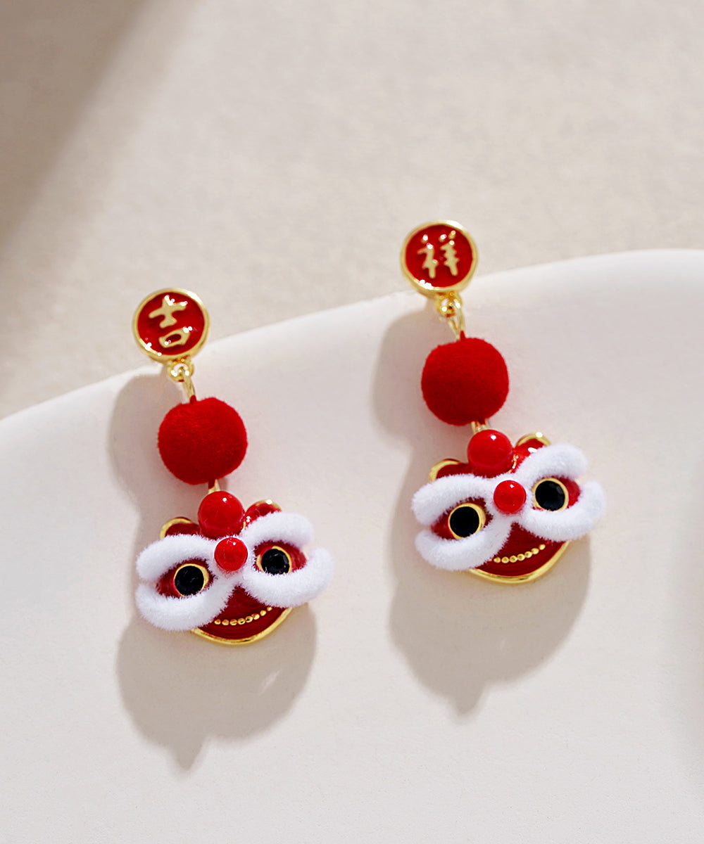Boucles d'oreilles pendantes en velours de soie et cuivre rouge orange de conception originale Lion Dance - Amawinc