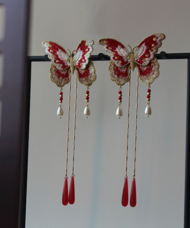Épingle à cheveux originale en argent sterling rouge doré à broderie papillon et pompon - Amawinc