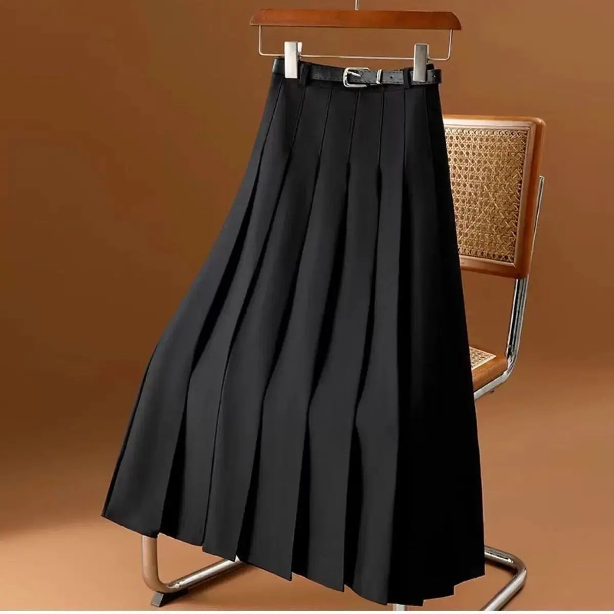 Jupe Midi Plissée Noire Pour Femme Élégante Et Polyvalente Avec Ceinture Coordonnée