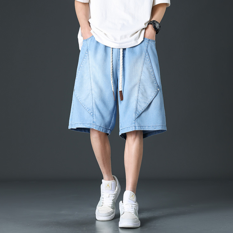 Shorts Denim Prism À Jambe Large Noir Lavé Avec Ceinture À Corde Et Coutures Angulaires Futuristes