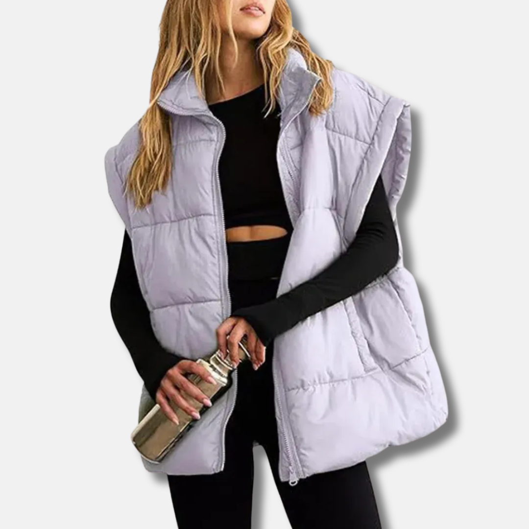 Gilet Puffer Matelassé Pour Femme À Col Debout Longueur Des Hanches Avec Doublure Légère Amawinc