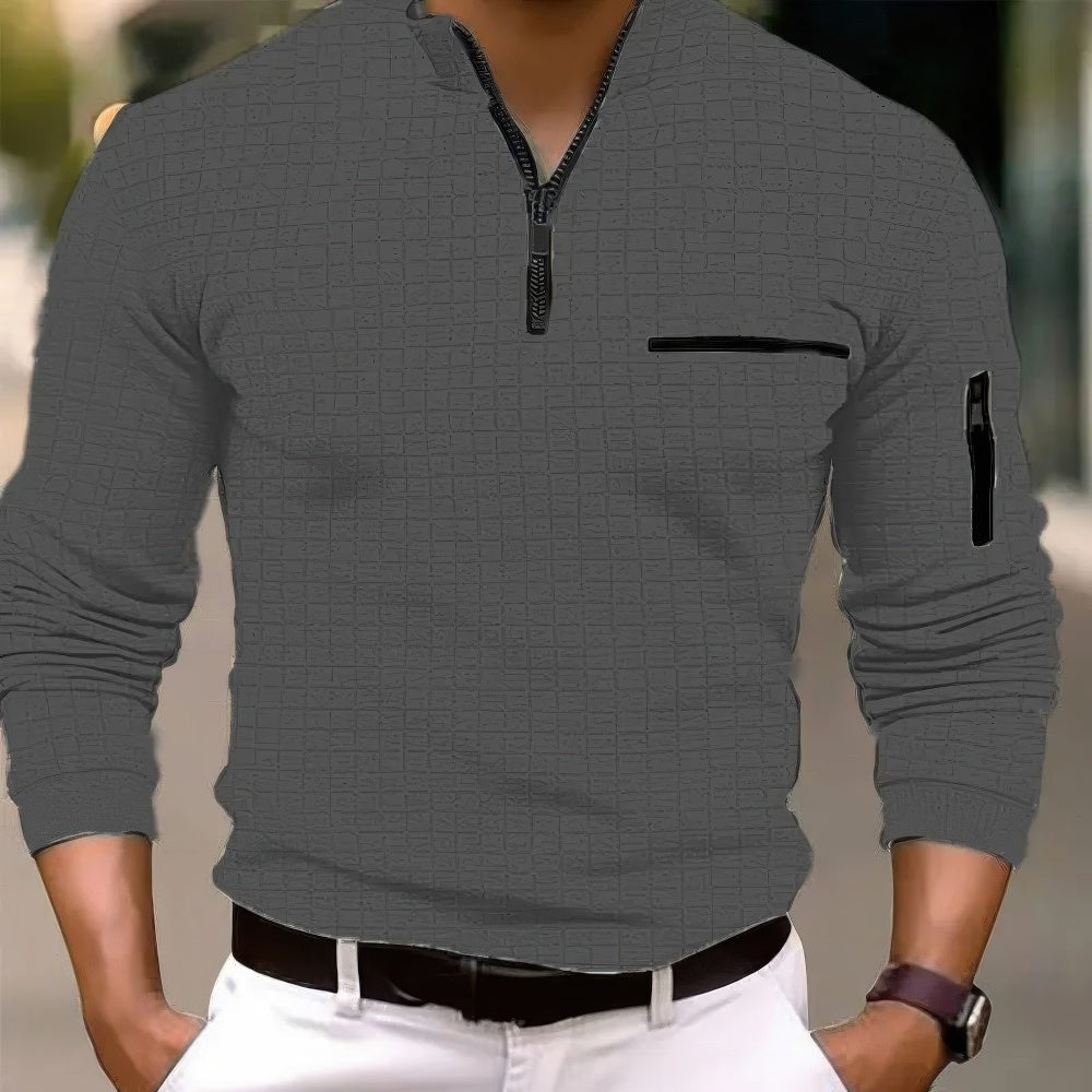 Baumwoll-Poloshirt für Herren mit Reißverschluss, Langarm und Casual-Look