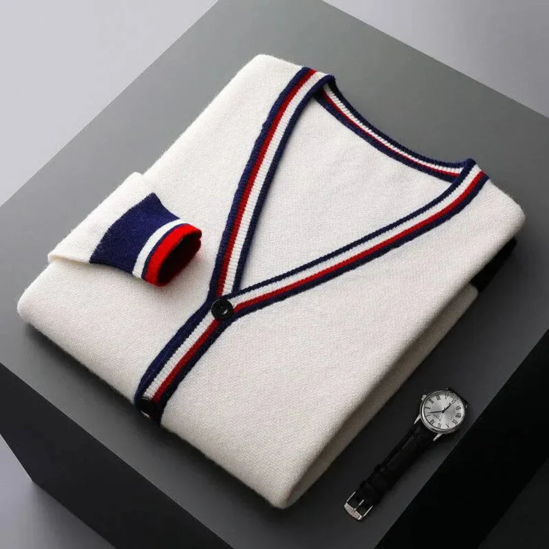 Cardigan Maille Rayé À Col V Ralph Lauren En Laine Léger Bleu Marine Rouge Blanc Pour Le Dressing En Couches