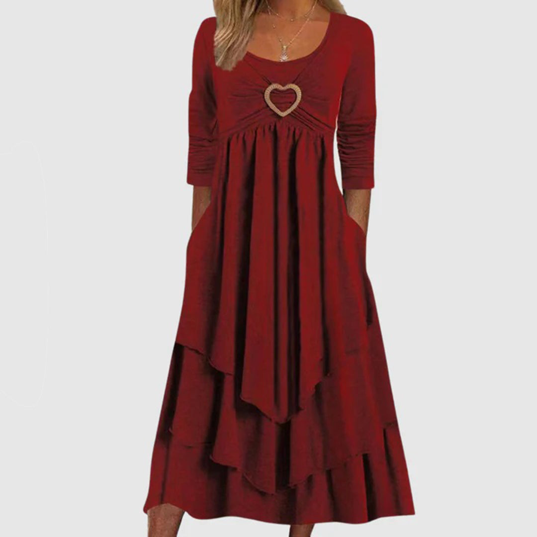 Robe Maxi Femme À Couches Avec Encolure En Cœur Et Manches Trois Quarts Coupe Décontractée