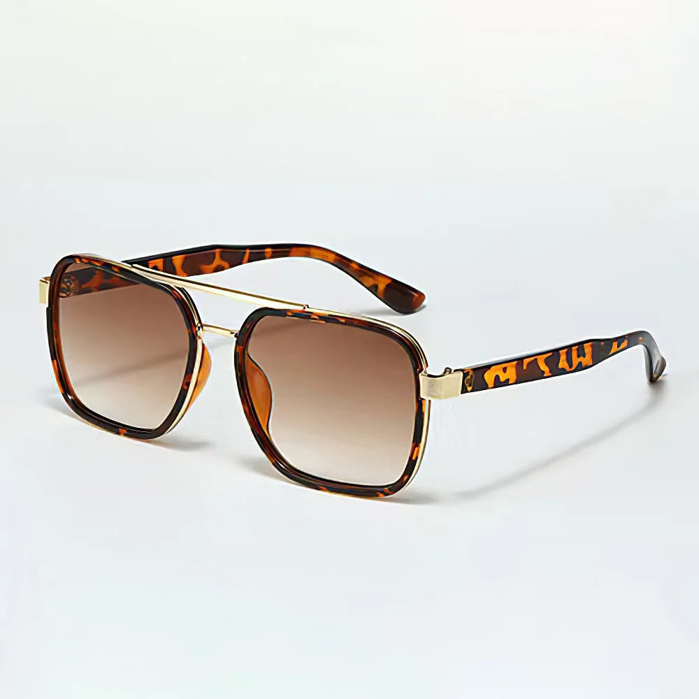 Lunettes De Soleil Regent Luxe Carré Doré Cadre Fin Avec Branches Tortue Verres Foncés Léger Et Confortable
